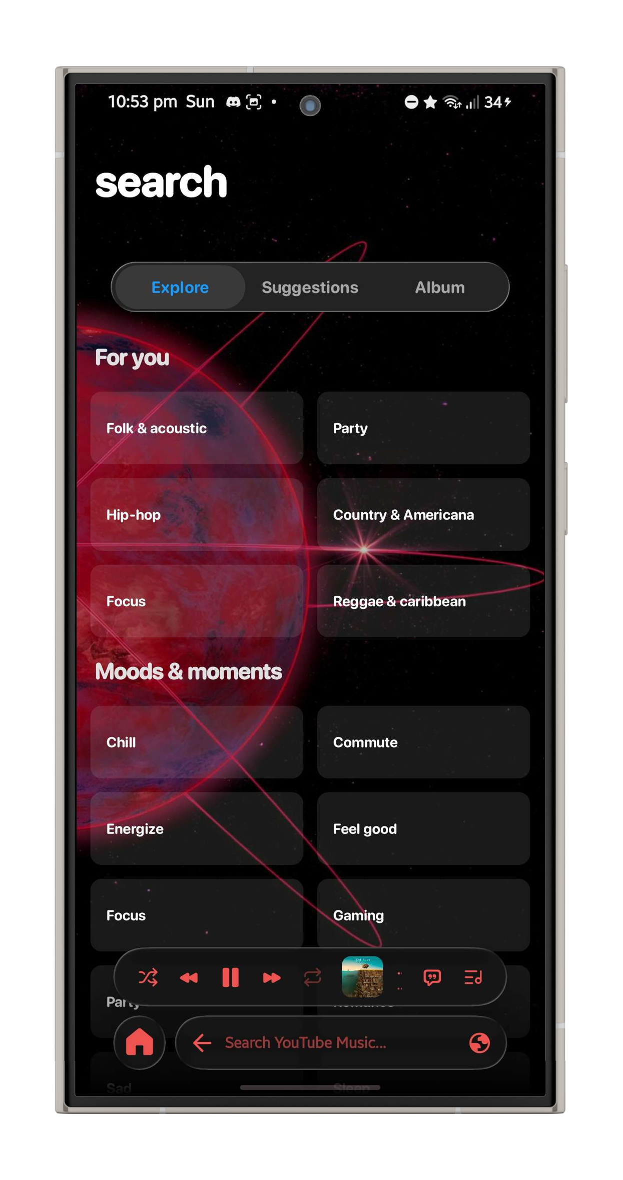 Convx explore screen with genre and mood tiles