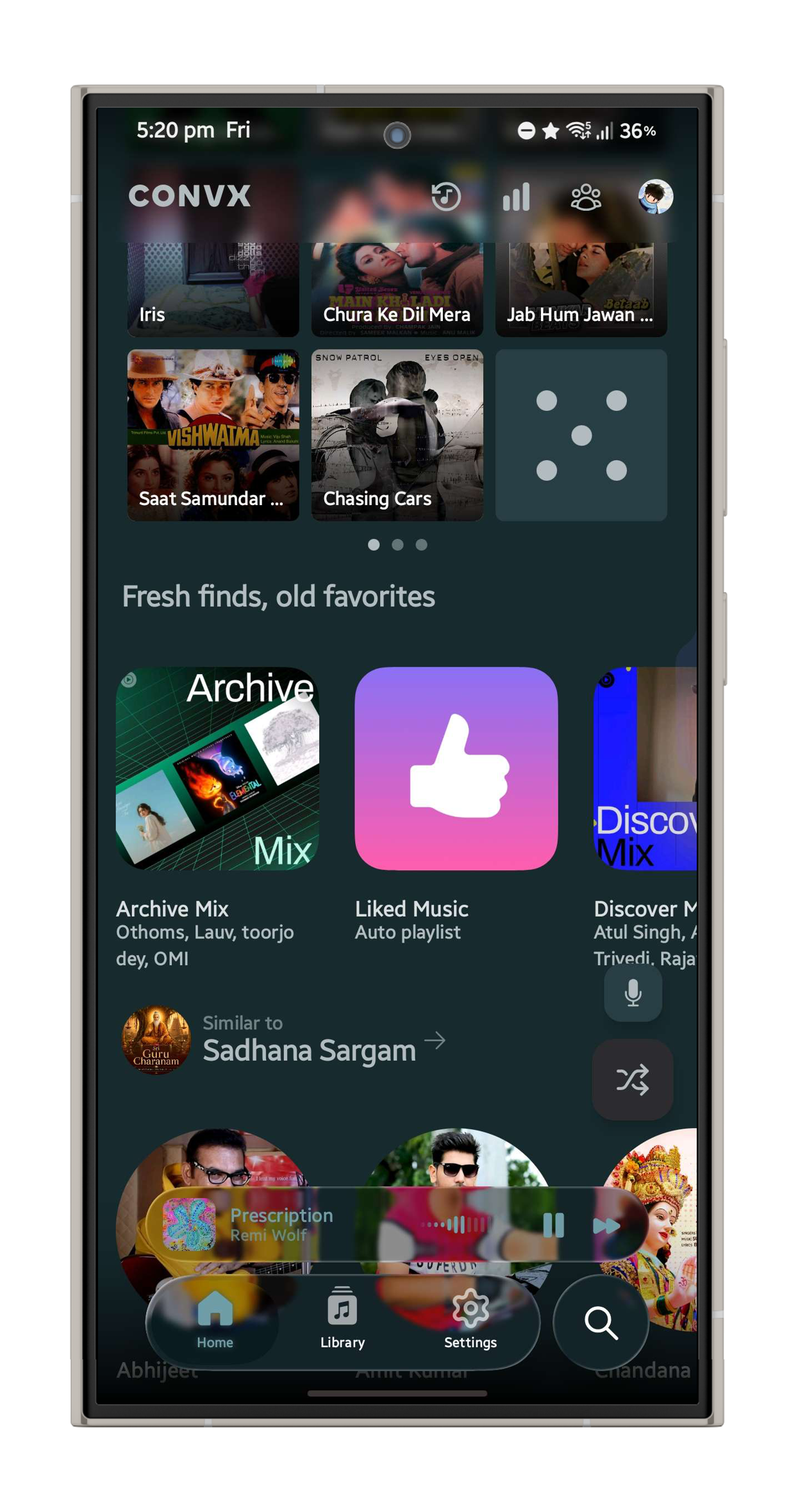 Convx home screen with the liquid glass mini player