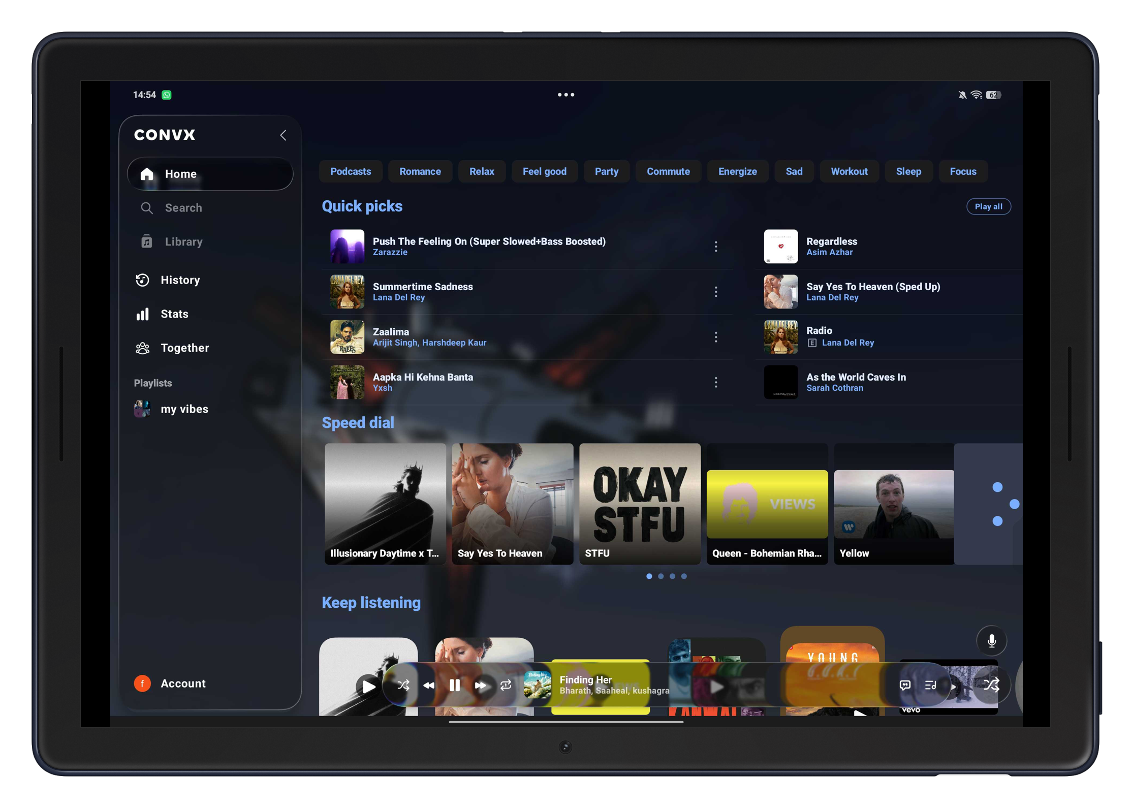 Convx on a tablet with a collapsible glass sidebar and quick picks grid