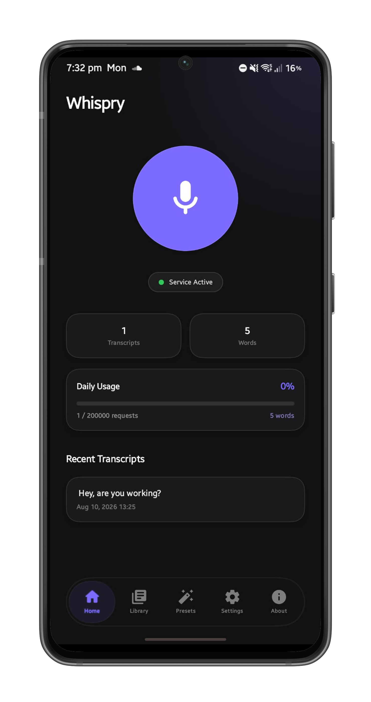 Whispry home screen with the hold-to-talk trigger, service status and recent transcripts
