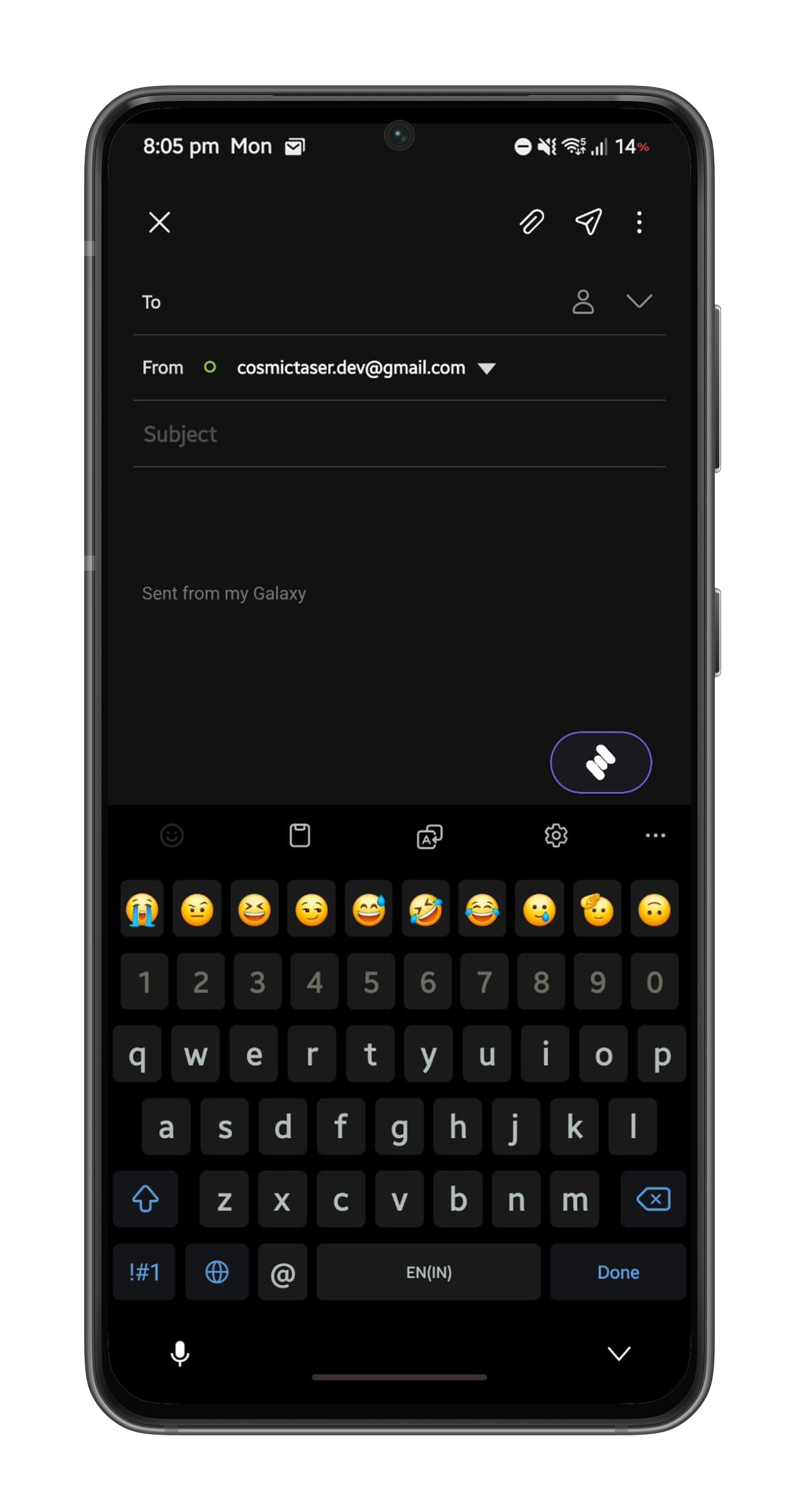 Whispry's keyboard-riding trigger button sitting idle above the keyboard in Gmail