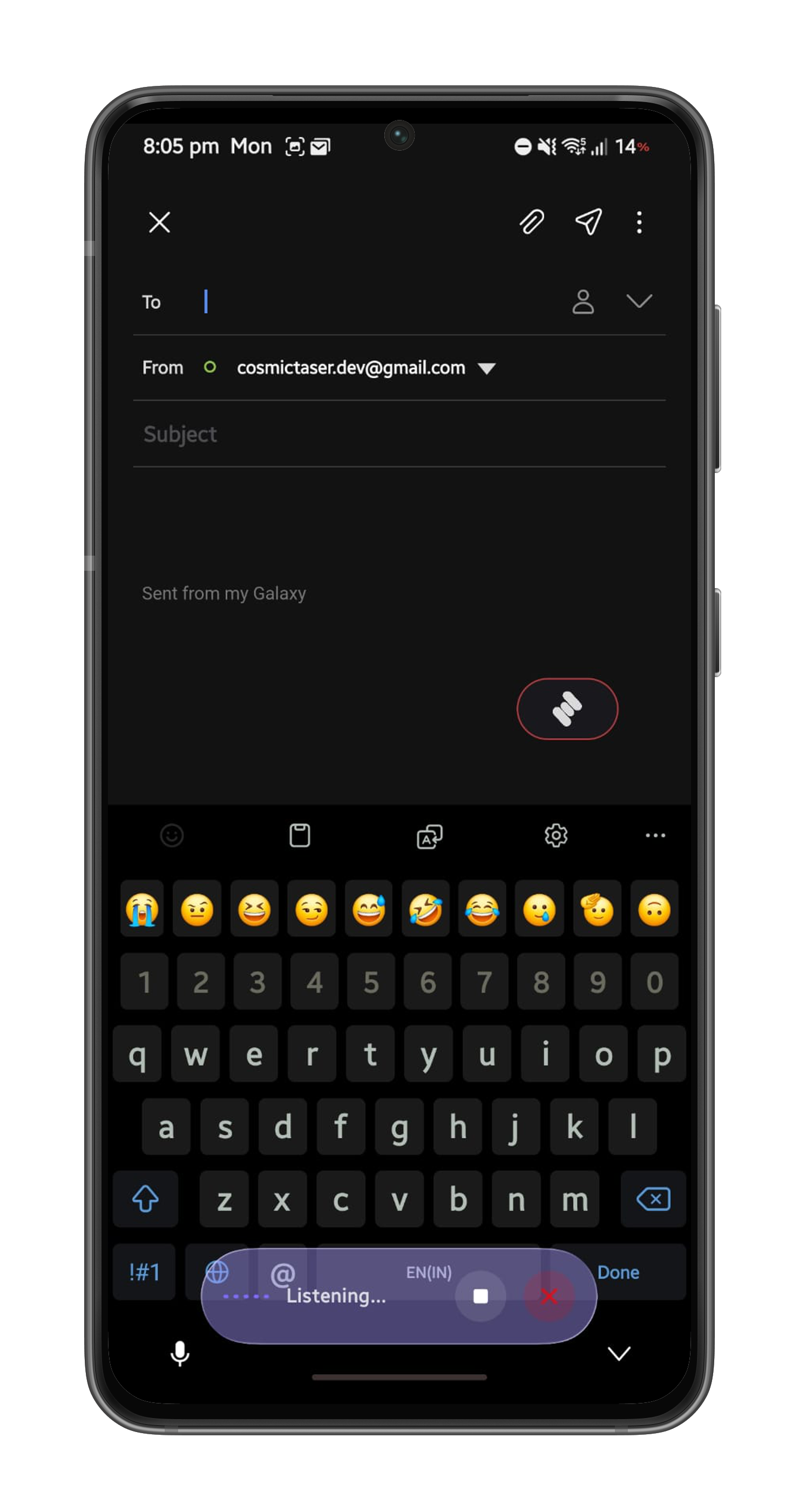 Whispry's keyboard trigger actively listening and transcribing speech inside Gmail