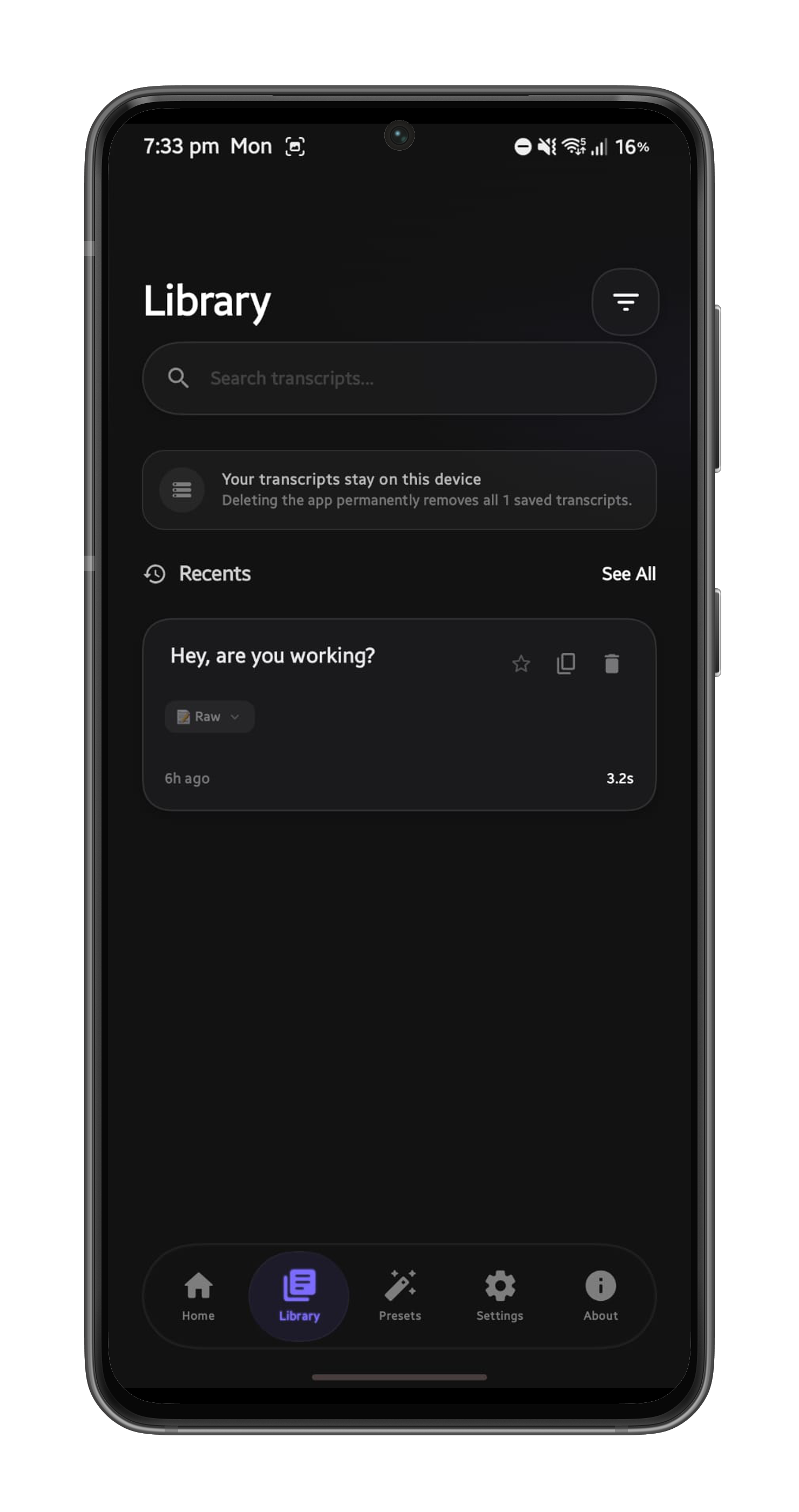 Whispry transcript library screen, noting that transcripts stay on-device