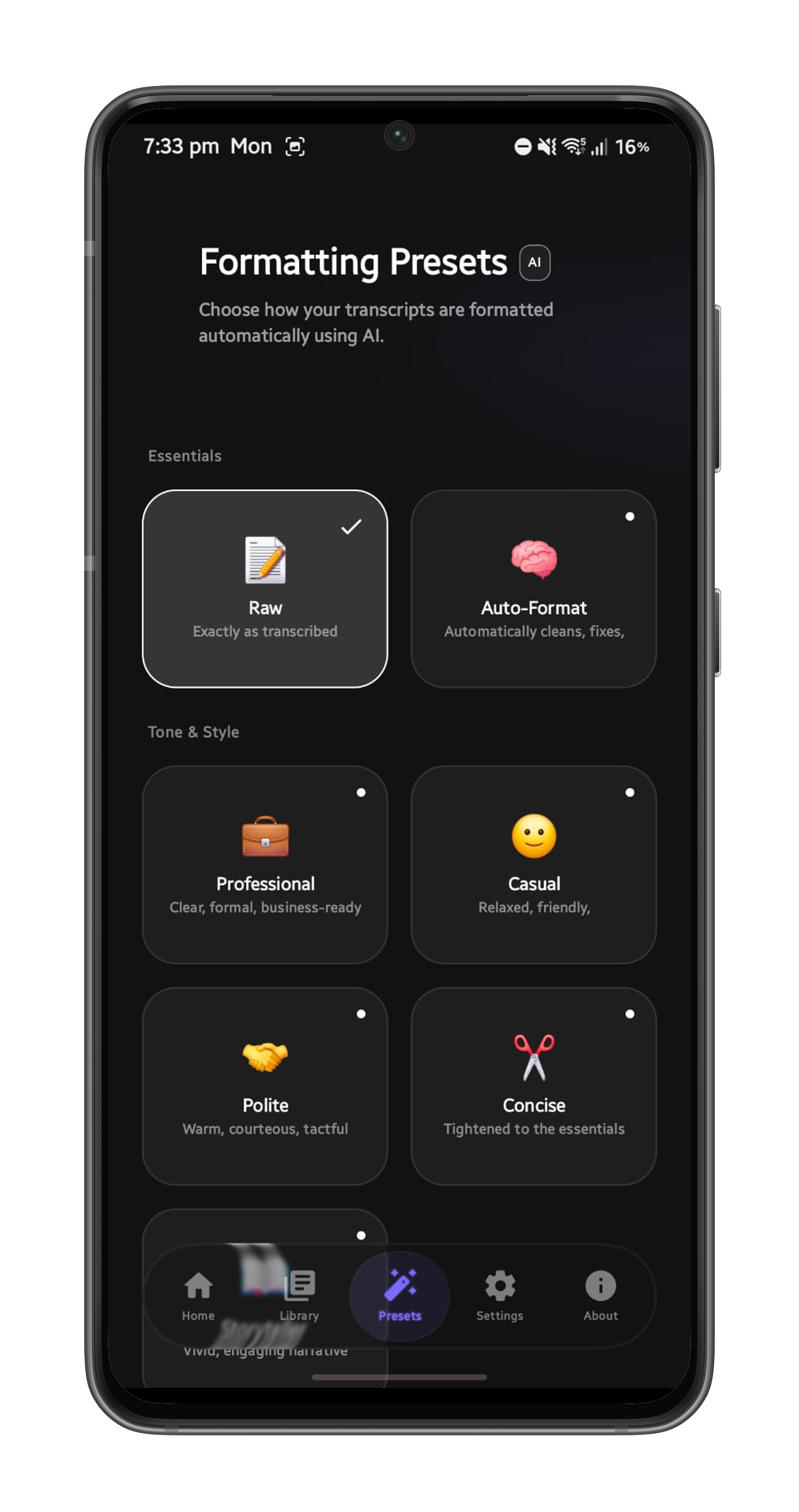 Whispry formatting presets screen: Raw, Auto-Format, Professional, Casual, Polite, Concise